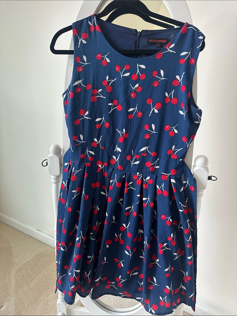 Sleeveless Navy Midi Dress with Red Cherry Print